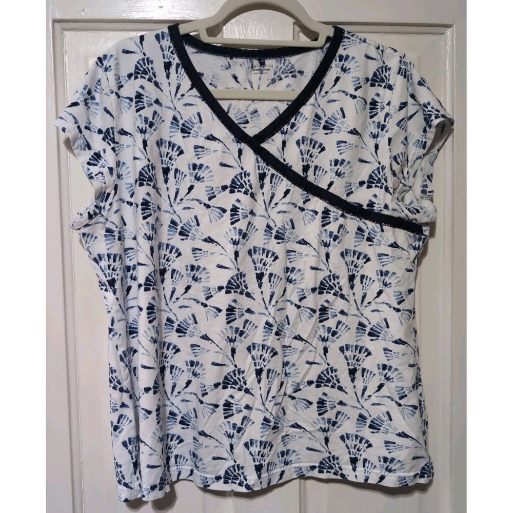 Garnet Hill Organic Cotton Blue White Fan Floral Short Sleeve Pajama Top L
